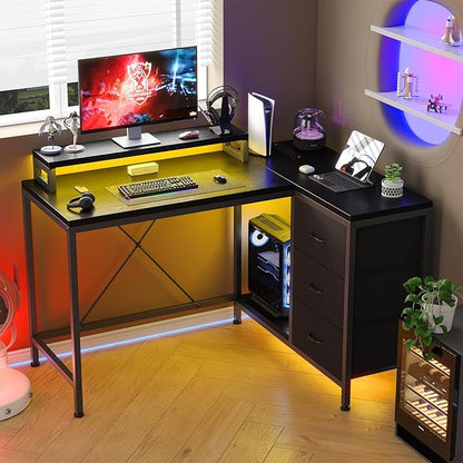L Shaped Desk with Power Outlets & LED Lights, Computer Desk with Drawers & Shelves, Corner Desk Gaming Desk Home Office Desk, Black