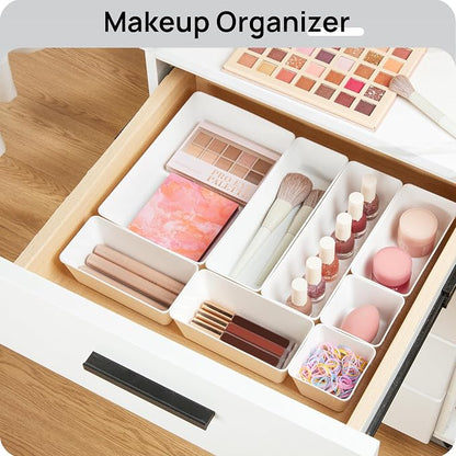 Vtopmart 44 PCS Plastic Drawer Organizer Set, Vanity Organizer Trays, White | 4-Size Versatile Makeup Organizer, Non-Slip Storage Containers for Makeup, Jewelries, Bedroom，Kitchen Utensils and Office