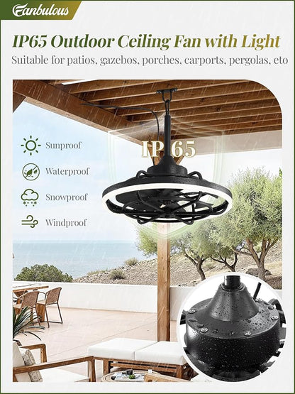 Fanbulous Outdoor Ceiling Fans with Light for Patios, 24" Weatherproof Plug in Ceiling Fan, Gazebo Fan Remote&APP Control, 3CCT Dimmable,Caged Ceiling Fan with Hanging Hook for Porch, Pergola,Canopy