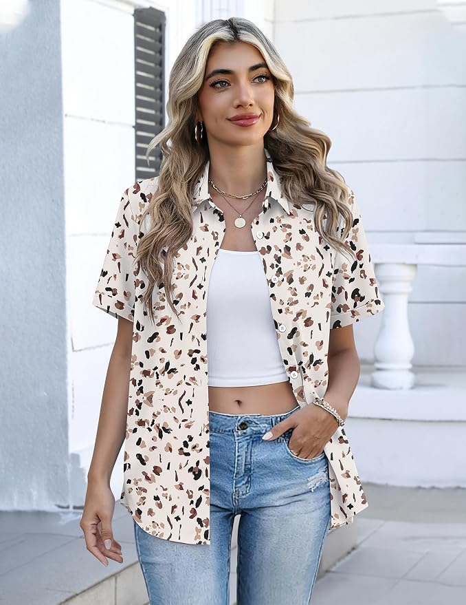 Zeagoo Button Down Shirts for Women Short Sleeve Collared Tops Dressy Casual V Neck Blouses