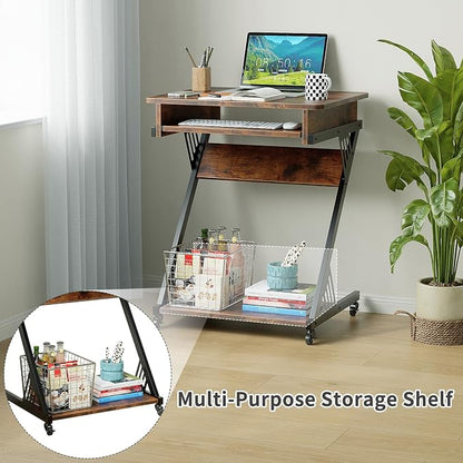ALISENED Computer Desk for Small Spaces, 23.6" Z-Shaped Compact Study Table with Smooth Keyboard Tray with Wheels and Bottom Shelves for Home Office, Computer Cart Mobile Laptop Cart, Rustic Brown | 23.6" Z-Shaped, with Wheels and Bottom Shelves, for H...