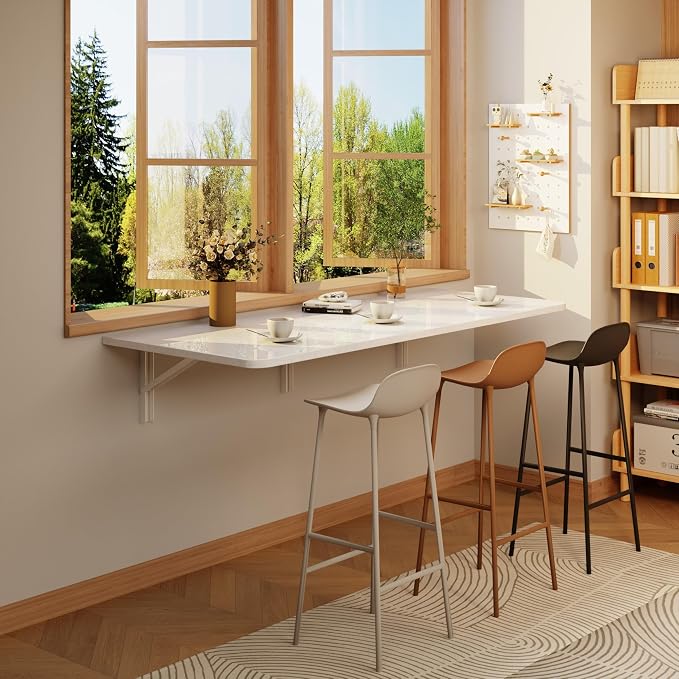 IAE 48x22in Floating Fold Desk,Wall-Mounted Folding Computer Table,White | Study Table with Shelf Brackets,Foldable Down Shelf with Engineered Wood,Fold Computer Desk for Small Apartment,Holds 509 lb