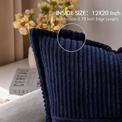 MIULEE Decorative Lumbar Throw Pillow Covers for Couch Bed Livingroom 12x20 Inch Set of 2 Navy Blue Boho Accent Throw Pllows Broadside Striped Patchwork Soft Corduroy Summer Coastal Pillowcases