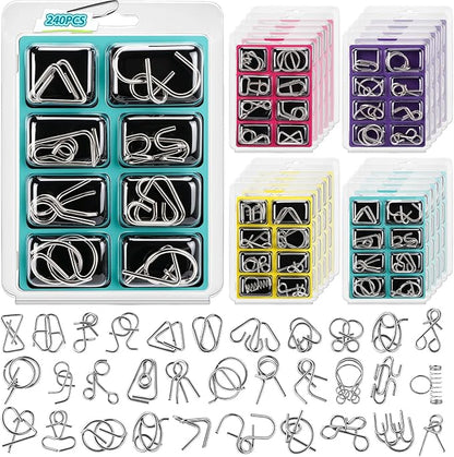 Set of 240 Metal Wire Puzzle Bulk IQ Test Disentanglement Puzzle Brain Game with Pouch Chinese Ring Magic Trick Toy for Adults Kids Party Challenge Favor Gifts Challenge