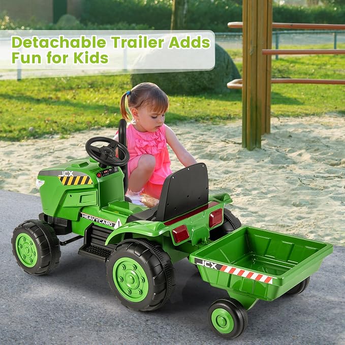 OLAKIDS 12V Kids Ride on Tractor, Battery Powered Motorized Electric Car with Trailer, Dual Motors, Remote Control, Light, Music, USB, Toddler Vehicle Toys for Boys Girls (Green)