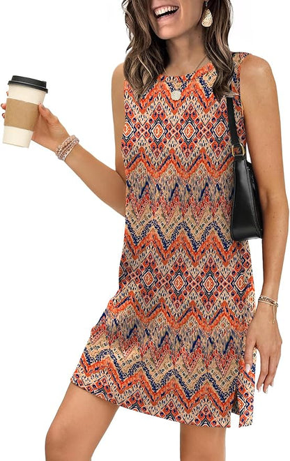 WIHOLL Casual Dresses for Women Crewneck Sleeveless Tank Dress Summer Spring Boho Vacation Clothes