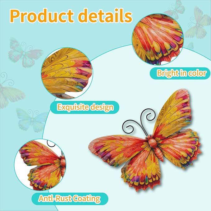 Junware 8 Pcs Metal Butterfly Wall Decor - 7.5" Outdoor Fence Wall Art, Hanging Decoration for Garden Yard Living Room Bedroom Patio Balcony (Butterfly-D)