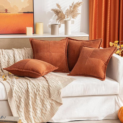 MIULEE Fall Rust Decorative Throw Pillow Covers for Couch Bed Livingroom 12x12 Inch Set of 2 Boho Accent Throw Pllows Broadside Striped Patchwork Soft Corduroy Pillowcases, Terracotta