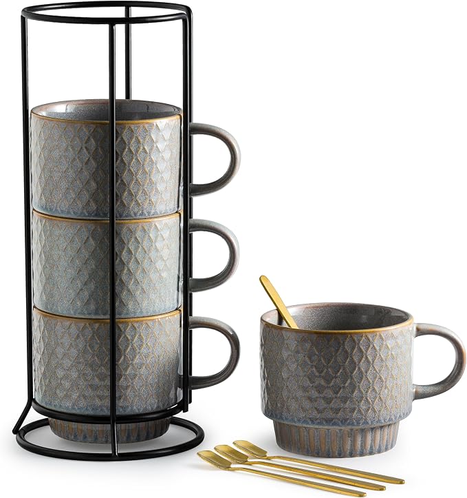 Gomakren Stackable Coffee Mugs Set of 4 Coffee Cups with Stand, Light Gray | 13oz Ceramic Embossed Grid Mugs, Black Metal Storage Rack, Lead-Free Dishwasher Safe, with Gold Spoons for Home Coffee Bar