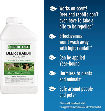 Liquid Fence Deer And Rabbit Repellent Concentrate 32 Ounces, Apply Year-Round