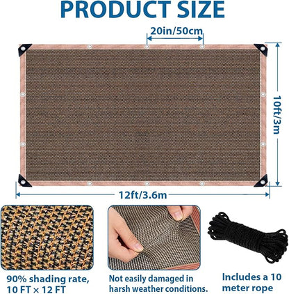 90% Sun Shade Cloth with Grommets, 10 x 12 FT Pergola Replacement Shade Cover Canopy Privacy Screen for Outdoor Patio Garden, Mocha