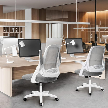 NEO CHAIR Office Desk Chair, Ergonomic Mesh with Flip-Up Armrests, Grey | Lumbar Support, Height Adjustment, 360° Swivel and Rolling Base, Space-Saving Design for Home Office, Vanity or Study