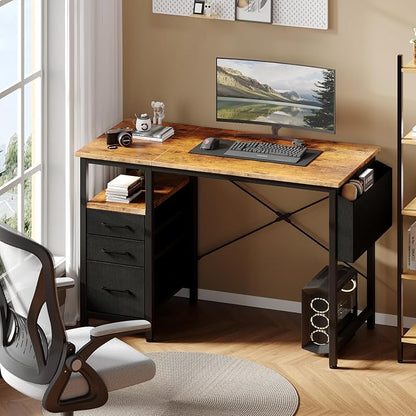 DUMOS 39 Inch Small Computer Desk with Storage, Fabric Drawers | Writing Table, Side Pocket, Space Saving Workstation, Home Office, Gaming Setup, Dorm Apartment, Rustic Brown
