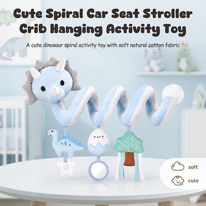 Stuffed Dinosaur Spiral Car Seat Toys Hanging for Babies 0-3 3-6 6-12 Months, Plush Infant Stroller Toy with Silicone Teether, Crinkle and Squeaker, Soft Cute Shower Gifts for Newborn Boys Girls