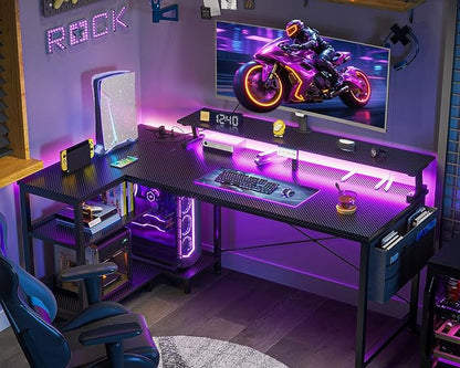 ODK 48 Inch L Shaped Gaming Desk with LED Lights, Power Outlets, Black | Adjustable Monitor Stand, Open Storage Shelves, Hanging Side Bag, PC Tower Stand, Reversible Layout for Gaming