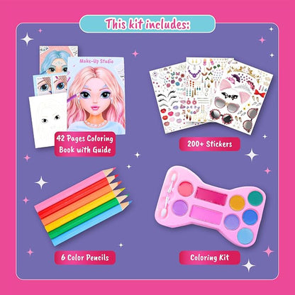 BSCOOL Make-up Artist. 3 in 1 Fun Makeup, Sticker, Coloring Kit, Includes Color Pencils, Makeup Palette, and 200+ Stickers. for Girls Ages 5,6,7,8. Make Up Style Coloring Book. Gift for Girls