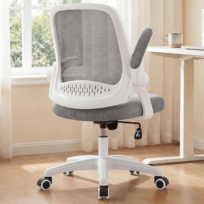 NEO CHAIR Office Desk Chair, Ergonomic Mesh with Flip-Up Armrests, Grey | Lumbar Support, Height Adjustment, 360° Swivel and Rolling Base, Space-Saving Design for Home Office, Vanity or Study