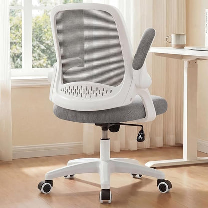 NEO CHAIR Office Desk Chair, Ergonomic Mesh with Flip-Up Armrests, Grey | Lumbar Support, Height Adjustment, 360° Swivel and Rolling Base, Space-Saving Design for Home Office, Vanity or Study