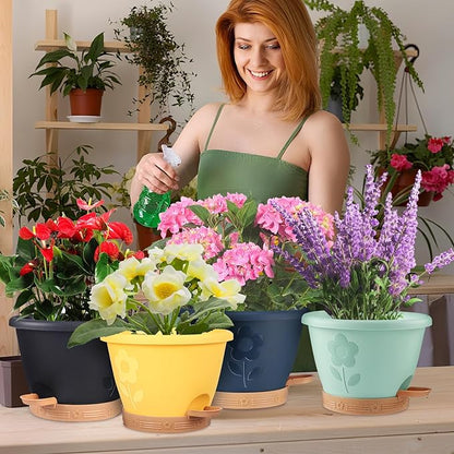 Plastic Plant Pots 10 Inch Set of 4, Self Watering Pots with Drainage Holes, Saucer & Reservoir, Flower Pots for Indoor/Outdoor Plants, Decorative Nursery Planting Pots (Multicolor)
