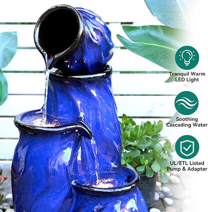 29" Ceramic Water Fountain Outdoor, 4-Tier Dynamic Wavy Design, LED | Outdoor Fountain with Artistic Cobalt Blue Glaze, Decorative Water Feature, Cascading Waterfalls for Serene Garden Patio Yard