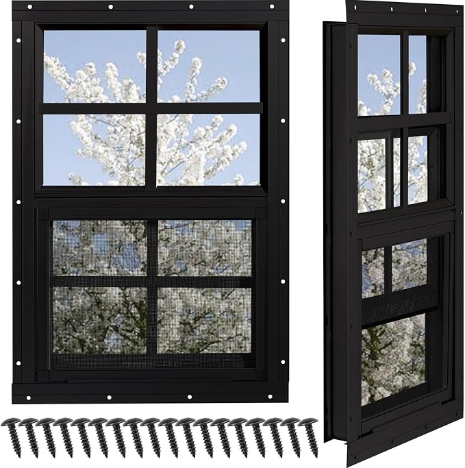 Shed Windows 2 Pack, Chicken Coop Windows 14" x 21" Black | Flush Mounted Small Windows with Tempered Glass and Fiberglass Screen for Shed, Barns, Playhouse, Household, Garage