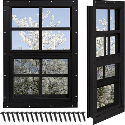 Shed Windows 2 Pack, Chicken Coop Windows 14" x 21" Black | Flush Mounted Small Windows with Tempered Glass and Fiberglass Screen for Shed, Barns, Playhouse, Household, Garage