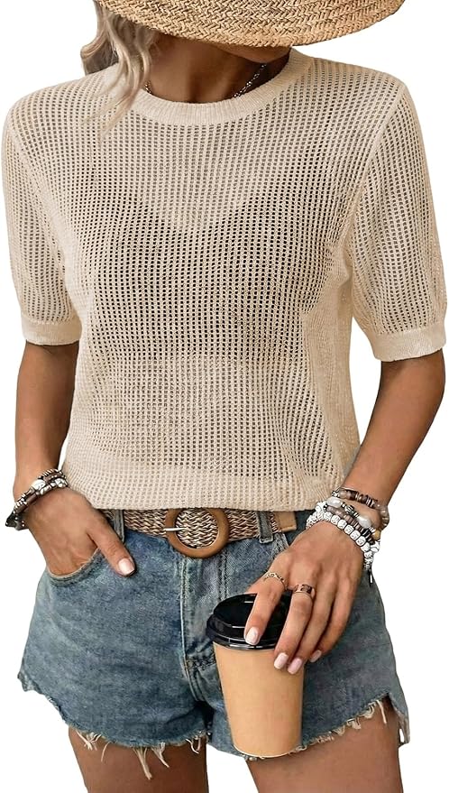 Dokotoo Womens Summer Short Sleeve Crochet Tops Hollow Out Floral Sweaters Beach Vacation Cruise Outfits