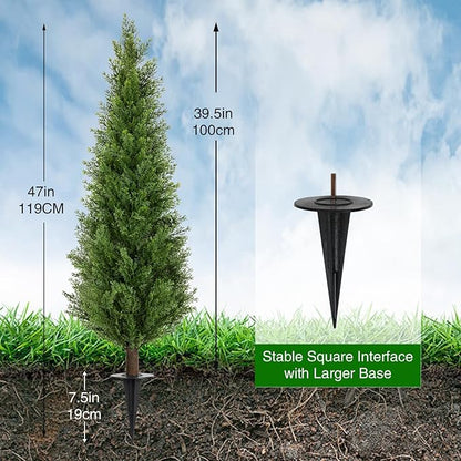 2 Pack 4ft Artificial Cedar Topiary Trees with Ground Spike, Realistic Fake Plants Tree UV Resistant Artificial Plants Indoor Outdoor Faux Plants Evergreen Bushes Shrubs for Porch Garden Office