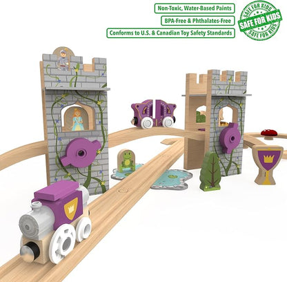Wooden Train Set 68 PCS Castle Dragon Unicorn Fantasy Kingdom Adventure Playset w/Storage Box Train Toys for Girls Toddlers Grandkids Kids Compatible with Thomas Brio Melissa and Doug