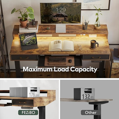 FEZIBO 48 x 24 Inch Height Adjustable Electric Standing Desk with Double Drawers&Keyboard Tray, Stand Up Desk with LED Strips, Sit Stand Desk with Monitor Stand, Rustic Brown