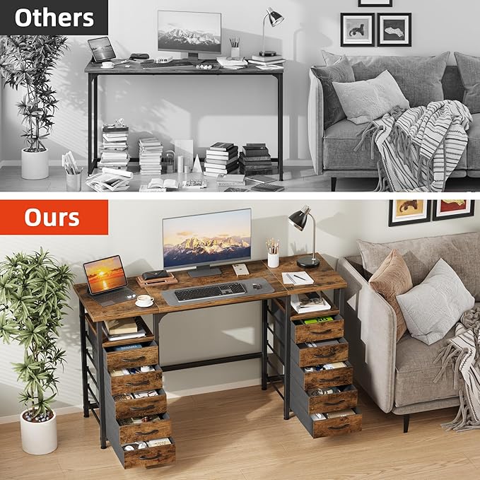 Desk with 10 Fabric Drawers Classified Organizer - 55"/140 Office Desks with Ample Storage, Computer Work Desk Study Writing Table Workstation for Home Office Space Brown