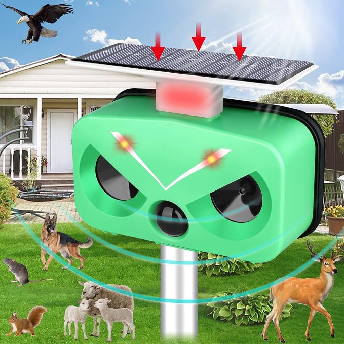 Solar Animal Repeller Ultrasonic,Cat Repellent Outdoor with Motion Detection and LED Flashing Light and Sound,Waterproof Ultrasonic Deer Repellent Repel Dog,Squirrel,Deer, Raccoon,Skunk,Rabbit