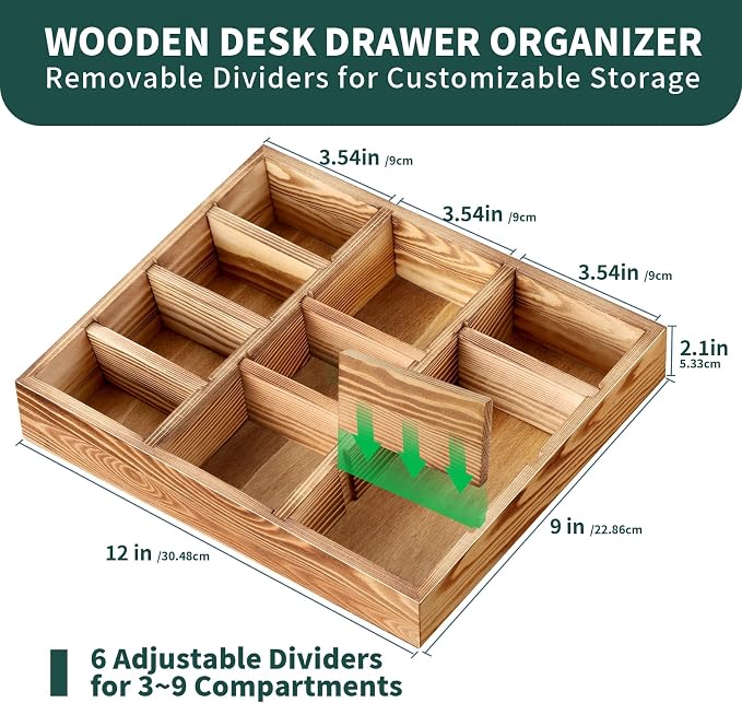 Wooden Desk Drawer Organizer | 9-Slot Desktop Tray | Adjustable Drawer Storage Box for Pens, Keys, Watch, Sticky Notes | Farmhouse Home&Office Decor