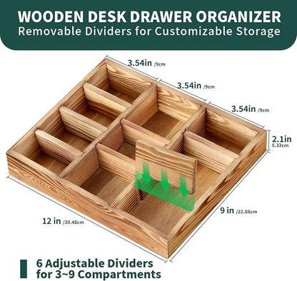 Wooden Desk Drawer Organizer | 9-Slot Desktop Tray | Adjustable Drawer Storage Box for Pens, Keys, Watch, Sticky Notes | Farmhouse Home&Office Decor