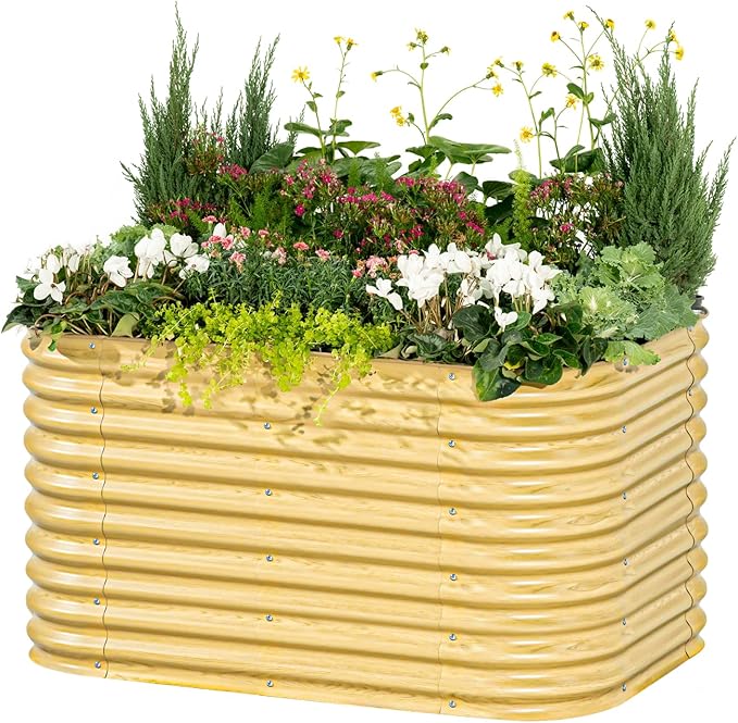 32" Extra Tall Raised Garden Bed Kits, 3.5 x 5 x 2.7ft Raised Planter Box Outdoor, 2 x 6.5 x 2.7ft Deep Root 6 in 1 Modular Metal Raised Beds for Gardening Vegetables Flowers Fruits - Sunlit Oak