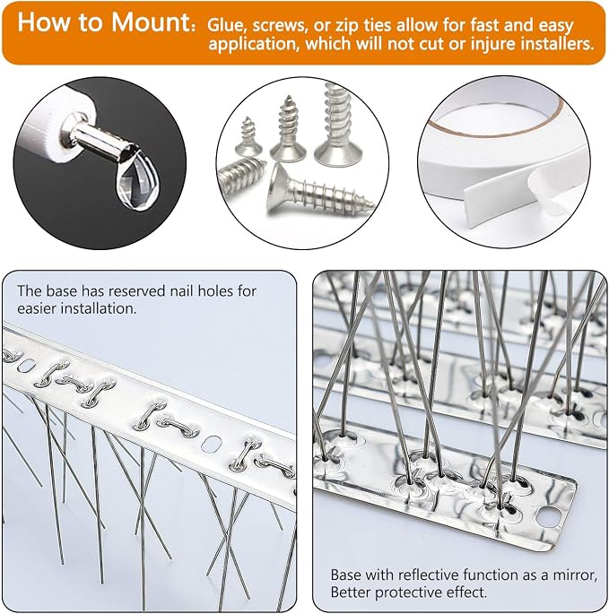 QIEGL Bird Spikes 304 Stainless Steel for Coverage 40Ft Pigeons Anti Bird Spike Small Birds Sparrow 37pcs Metal Fence Spikes (37 Pack Uninstalled)