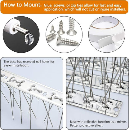 QIEGL Bird Spikes 304 Stainless Steel for Coverage 40Ft Pigeons Anti Bird Spike Small Birds Sparrow 37pcs Metal Fence Spikes (37 Pack Uninstalled)
