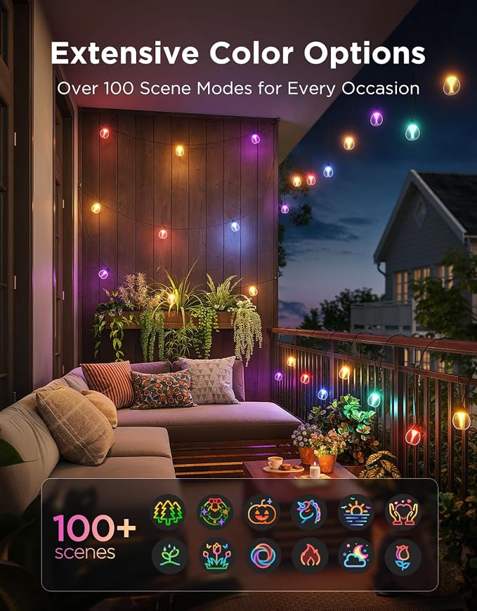 Govee Clear Bulb Outdoor String Lights, 48ft IP67 Patio & Backyard Lights | 15 RGBWIC Dimmable LED Bulbs, 111 Modes, Music Sync, IP67 Waterproof & Shatterproof, Work with Alexa, Google & Matter