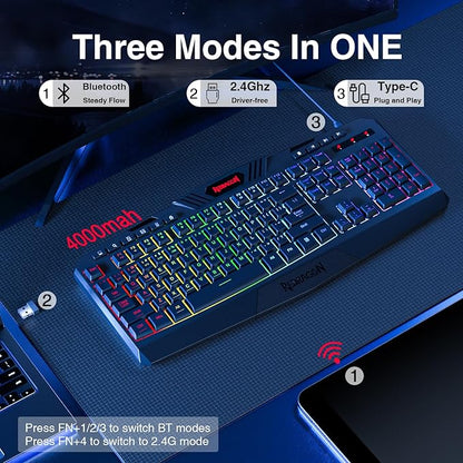 Redragon K503 Wireless Gaming Keyboard, 3-Mode (2.4G/BT/USB), RGB LED Backlit, Multimedia Keys, Fully Programmable Silent Membrane Keyboard with Wrist Rest for Windows PC Games (Black)