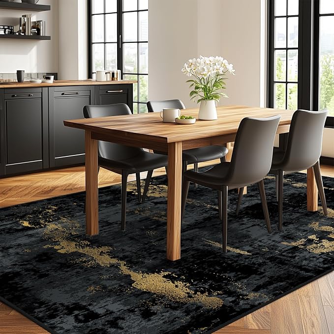 RELEANY Washable Area Rugs 5'x8' Non-Slip Modern Abstract Soft for Living Room Entryway Bedroom Kitchen, Print Pattern, Dark Black Gold