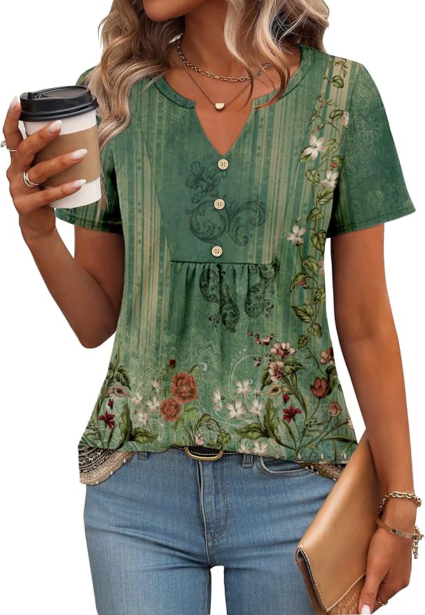 Zeagoo Womens Short Sleeve Tops Summer Henley V-Neck Tshirts Casual Pleated Blouse Dressy Loose Floral Basic Tee
