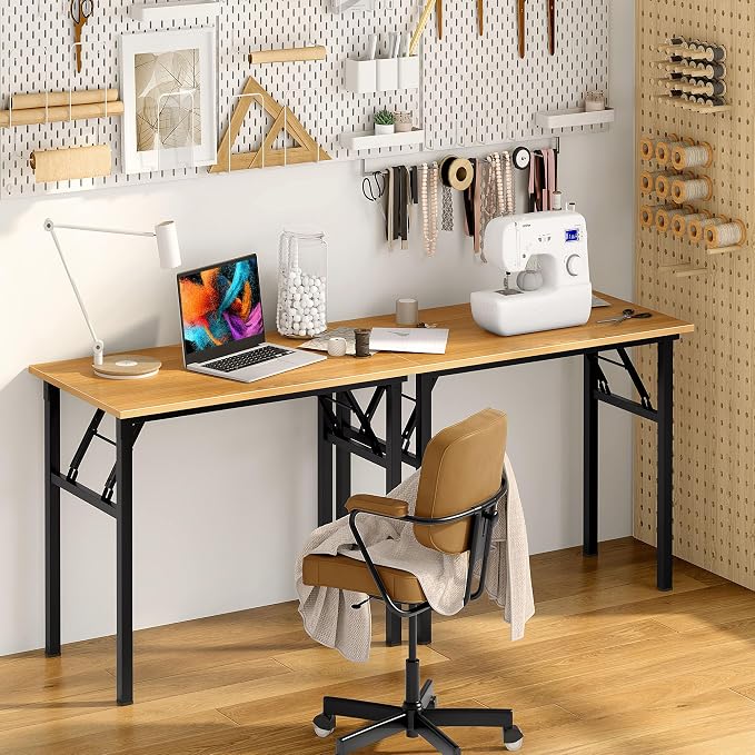 Need Office Computer Desk 39.3 Inch Sturdy Folding Laptop Table Teak | Black Frame Writing Gaming Work Table/Foldable Home Office Desk/Sewing Table, No Assembly Required