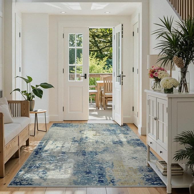 Lahome Modern Abstract Washable Area Rugs 5x7, Soft Living Room Rug Non Slip Stain Resistance, Faux Wool Floor Carpet for Bedroom Dining Room Nursery Kids Playroom,Blue/Grey