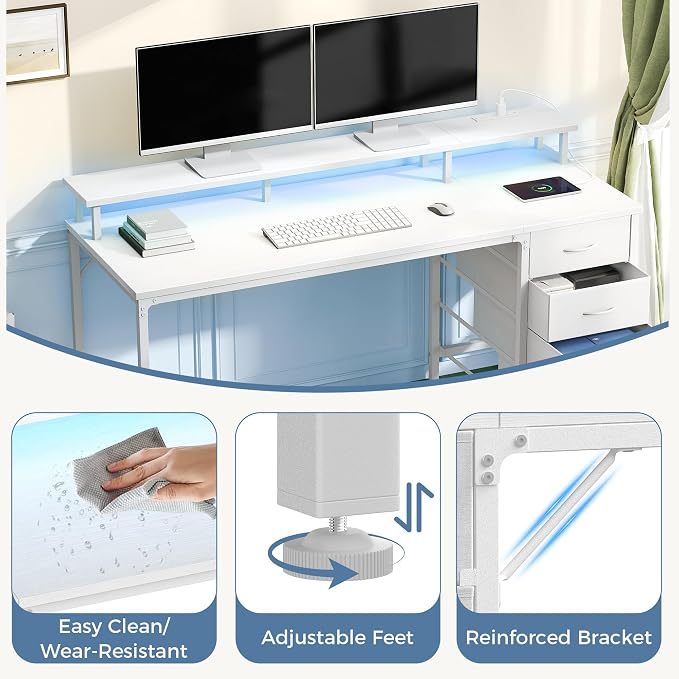 DUMOS 47-Inch Gaming Desk with Power Outlets and LED Lights, White | Computer Desk with 4 Storage Drawers, Home Office Desk with Monitor Stand, Small Desk for Bedroom Study