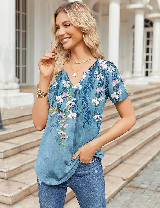 Zeagoo Womens Short Sleeve Tops Summer Henley V-Neck Tshirts Casual Pleated Blouse Dressy Loose Floral Basic Tee