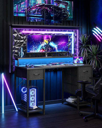TIQLAB Computer Desk with 4 Drawers & LED Lights, 47 Inch Gaming Desk with Monitor Stand & Power Outlets, Home Office Desk with Large Storage Space, Study Work Table for Bedroom, Black