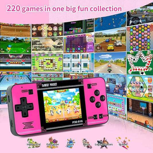 Handheld Game for Kids -Preloaded 220 Retro Video Games, Portable Gaming Player with Rechargeable Battery 3.0" LCD Screen, Mini Arcade Electronic Toy Gifts for Boys Girls (Black+Pink)