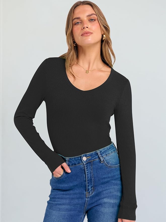 ANRABESS Long Sleeve V Neck Shirts for Women | Soft Comfy Ribbed Knit Fitted Tshirts, Casual Going Out Tops, 2026 Trendy Basic, Fall Winter Underscrub Layering Clothes