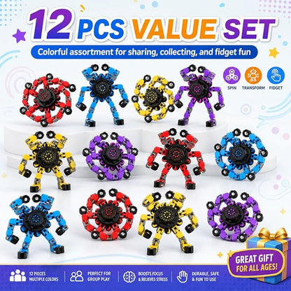 12PCS Transformable Fidget Spinner Toys for Kids and Adults | DIY Robot Chain Fidget Toys, Sensory Toys for Stress Relief, Party Favors, Classroom Rewards & Birthday Gifts