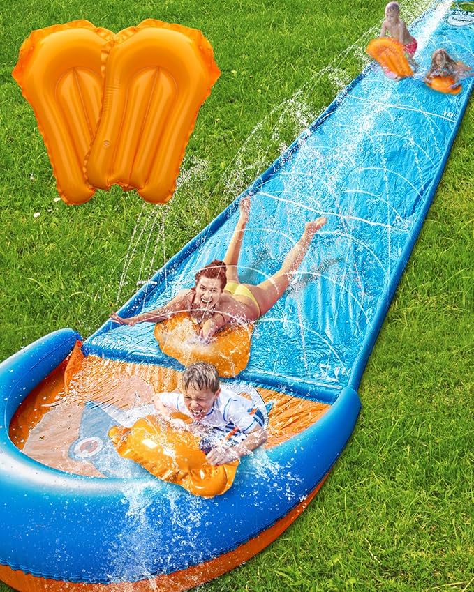 Spring Water Slip and Water Slide, 32FT Lawn Slip n WaterSlide for Kids Adults, Backyard Summer Outdoor Water Toys with Sprinkler, 2 Inflatable Bodyboards